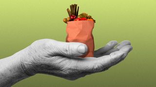 Illustration of an senior citizen holding a small bag of groceries in hand